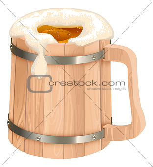 Wooden beer mug. Mug of beer foam