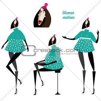Set of woman motions in blue