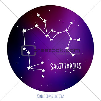 Sagittarius vector sign. Zodiacal constellation made of stars on space background.