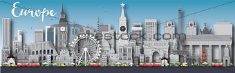 Europe skyline silhouette with different landmarks