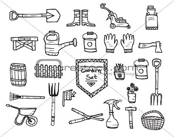 Collection of garden doodle sketch elements on white background.