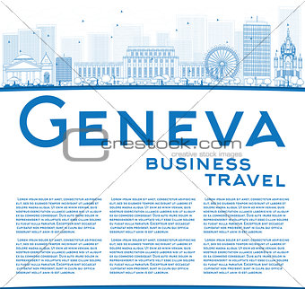 Outline Geneva skyline with blue landmarks and copy space.