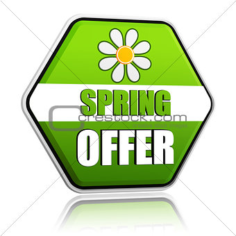 spring offer green hexagon label with flower