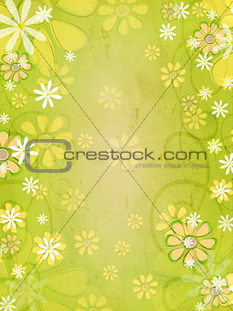 spring white and yellow flowers over vintage green background