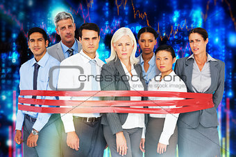Composite image of unhappy business people surrounding by red strip