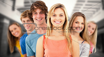 Composite image of group standing behind one another at varied angles