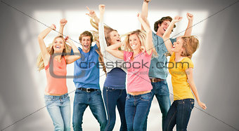 Composite image of friends partying together while laughing and smiling