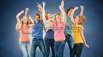 Composite image of friends partying together while laughing and smiling