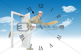 Composite image of happy delivery man running while holding parcel