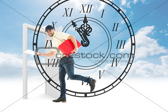 Composite image of delivery man with red box running on white background