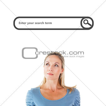 Composite image of thinking pretty blonde looking up