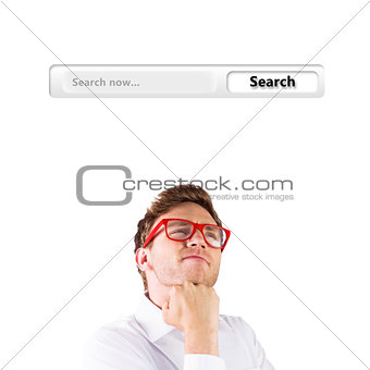 Composite image of young geeky businessman with hand on chin