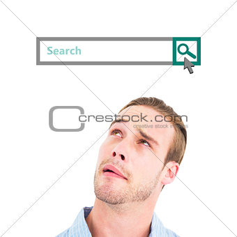 Composite image of thoughtful man in shirt looking up