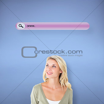 Composite image of pretty young blonde looking up