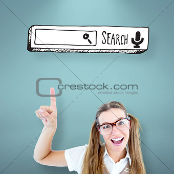 Composite image of happy geeky hipster pointing
