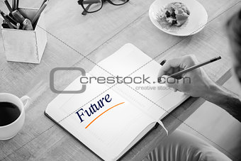 Future against man writing notes on diary