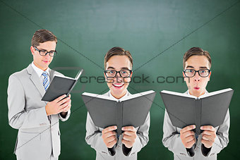 Composite image of nerd reading book