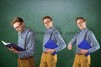 Composite image of nerd with notebook