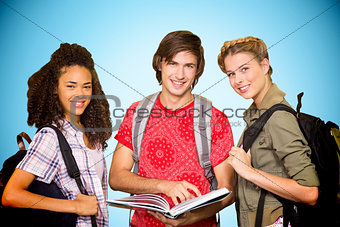 Composite image of college students reading book in library