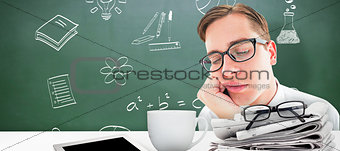 Composite image of geeky hipster falling asleep on hand