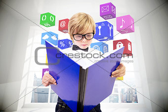 Composite image of cute pupil reading