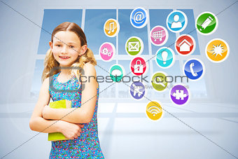 Composite image of girl holding book in library