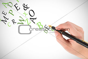 Composite image of businesswomans hand writing with fountain pen