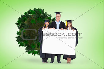 Composite image of full length of a woman holding a blank sheet in front of her as she smiles