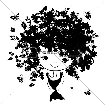 Floral female portrait, black silhouette for your design
