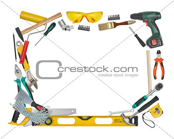 Top view of construction instruments and tools isolated on white background with copy space at center.
