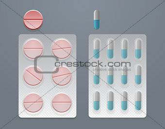 Vector set of pills and blister packs 