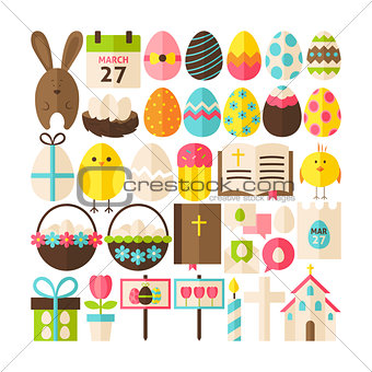 Big Flat Style Vector Collection of Happy Easter Objects