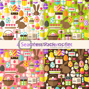 Four Vector Flat Happy Easter Holiday Seamless Patterns Set