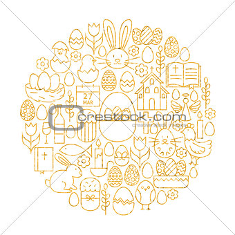 Gold Happy Easter Holiday Line Icons Set Circle Shape