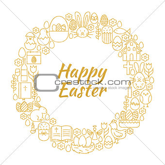 Happy Easter Gold Line Art Icons Circle