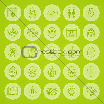 Happy Easter Line Circle Icons Set