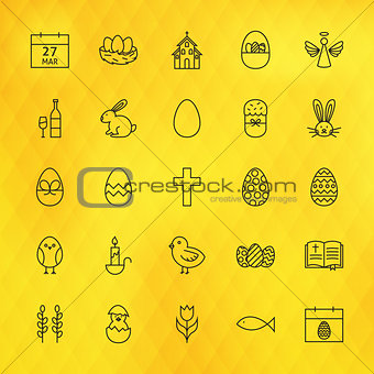 Happy Easter Line Icons Set over Polygonal Background