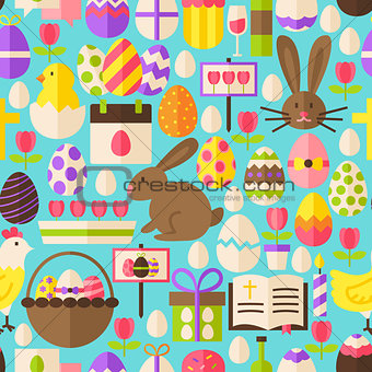 Happy Easter Vector Flat Design Blue Seamless Pattern