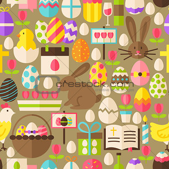 Happy Easter Vector Flat Design Brown Seamless Pattern