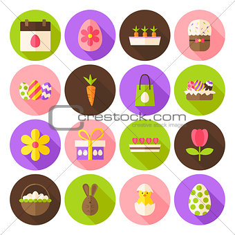 Happy Spring Easter Circle Icons Set with long Shadow