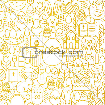 Thin Line Gold Happy Easter Seamless Pattern