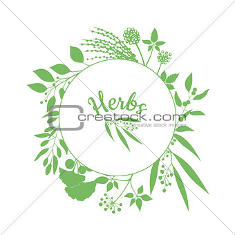Fresh herbs store emblem. Green round frame with collection of plants. Silhouette of branches isolated on white background