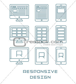 Line icons set flat design responsive web development service, website webpage user interface on different devices. Modern vector pictogram collection.
