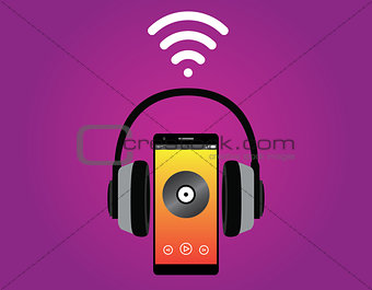 smartphone with headphone listening music use wifi signal vector