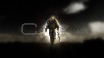 Dramatic image of a 3D soldier walking with his head down