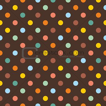 Tile vector pattern with colorful polka dots on dark brown background