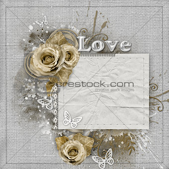 Vintage background with beige roses, lace, ribbon, paper card
