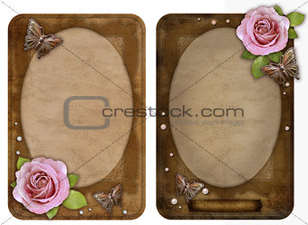 two old-fashioned  paper photo frames with butterfly and rose is
