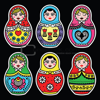 Matryoshka, Russian doll colorful icons set on black