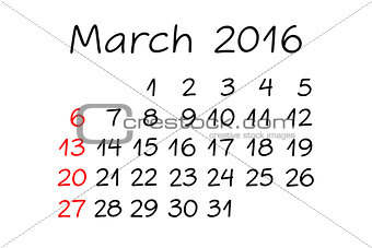 March Year 2016 Calendar Handwritten